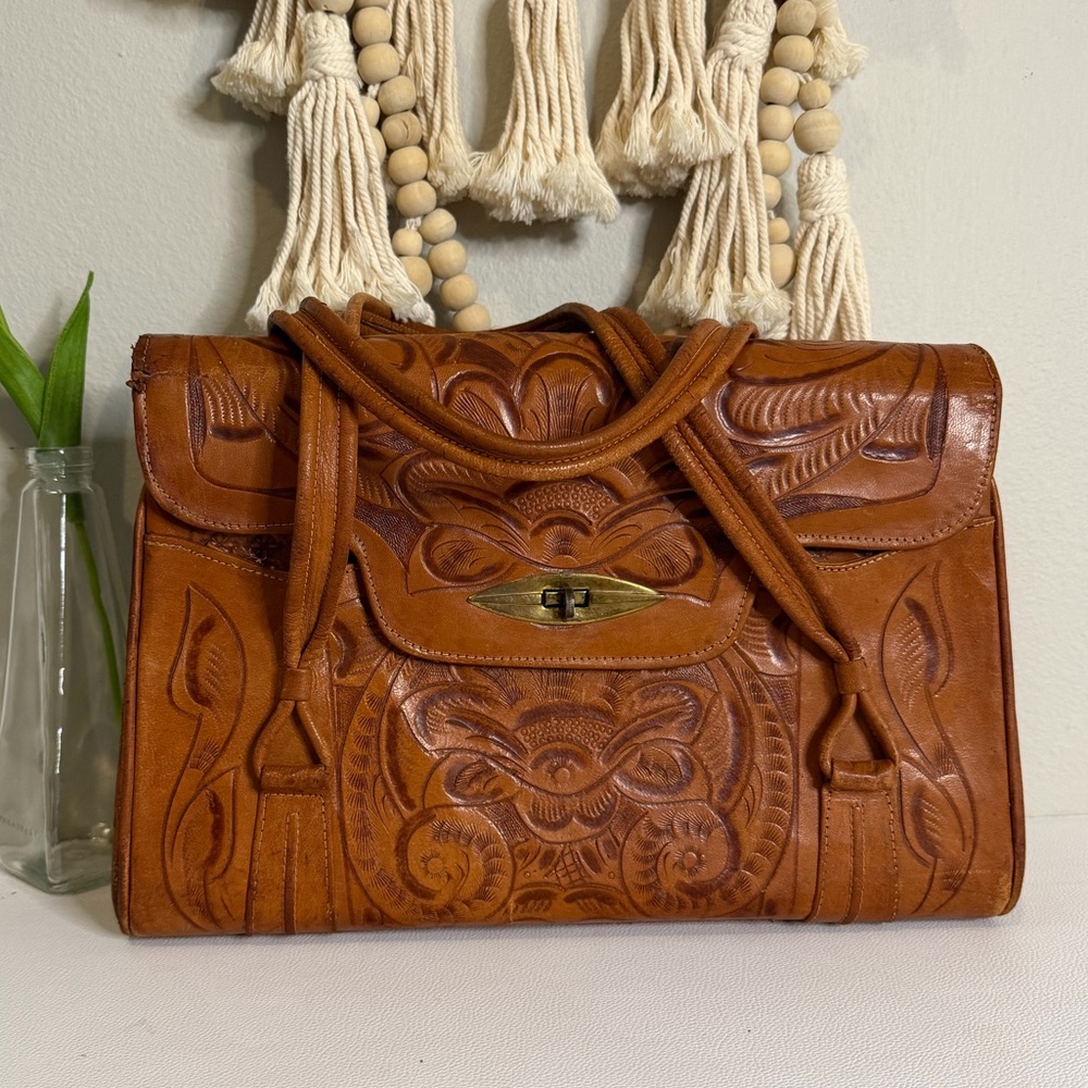 Vintage Handcrafted Tooled Leather Tote Bag - Brown